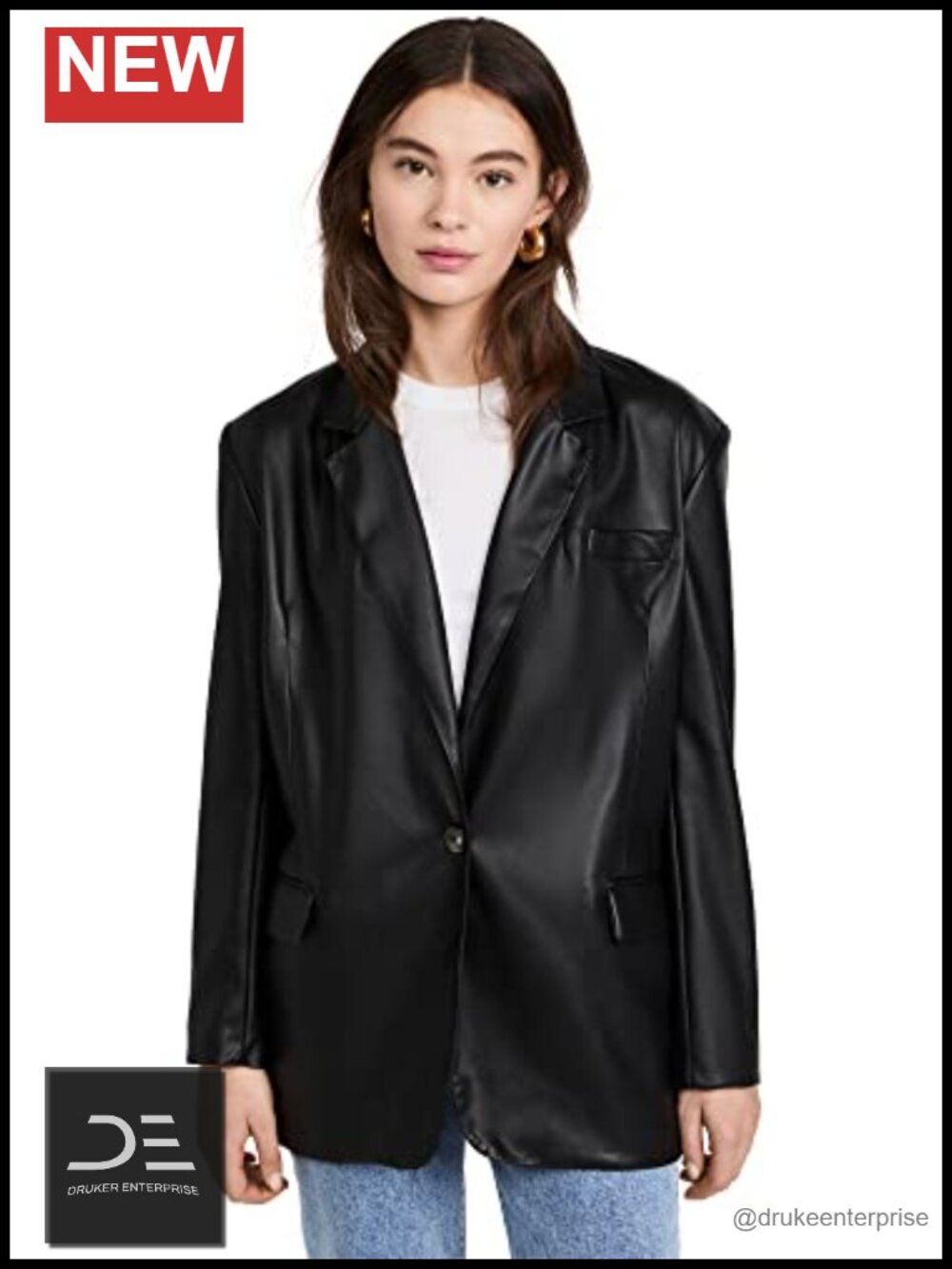 Faux Leather Oversized Blazer Collared Button Patch Pockets